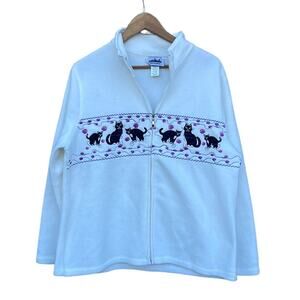 Metropolitan white fleece full zip lighweight jacket cat print size large 44/46